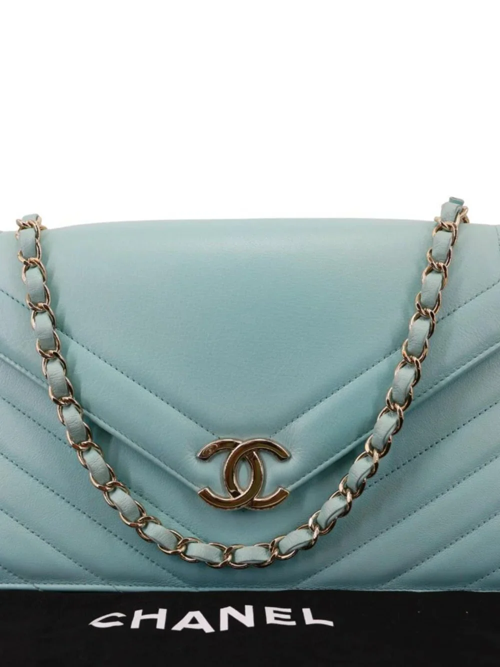 Chanel  Envelope Flap Calfskin Chevron Leather Crossbody Bag Turquoise